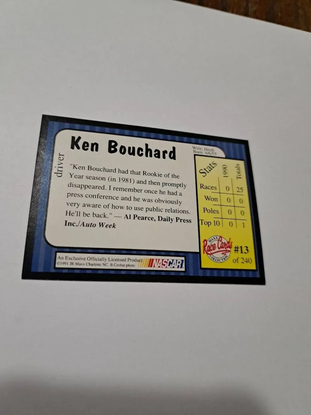 Vintage 1991 Maxx Ken Bouchard #13 Race Car Nascar Trading Card